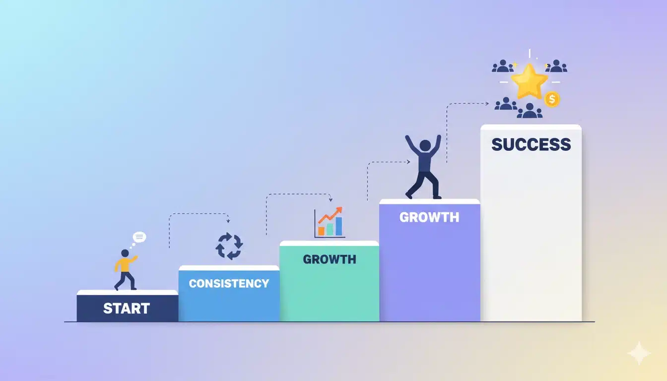 Blogging channel growth journey showing consistency leading to traffic and success for beginners