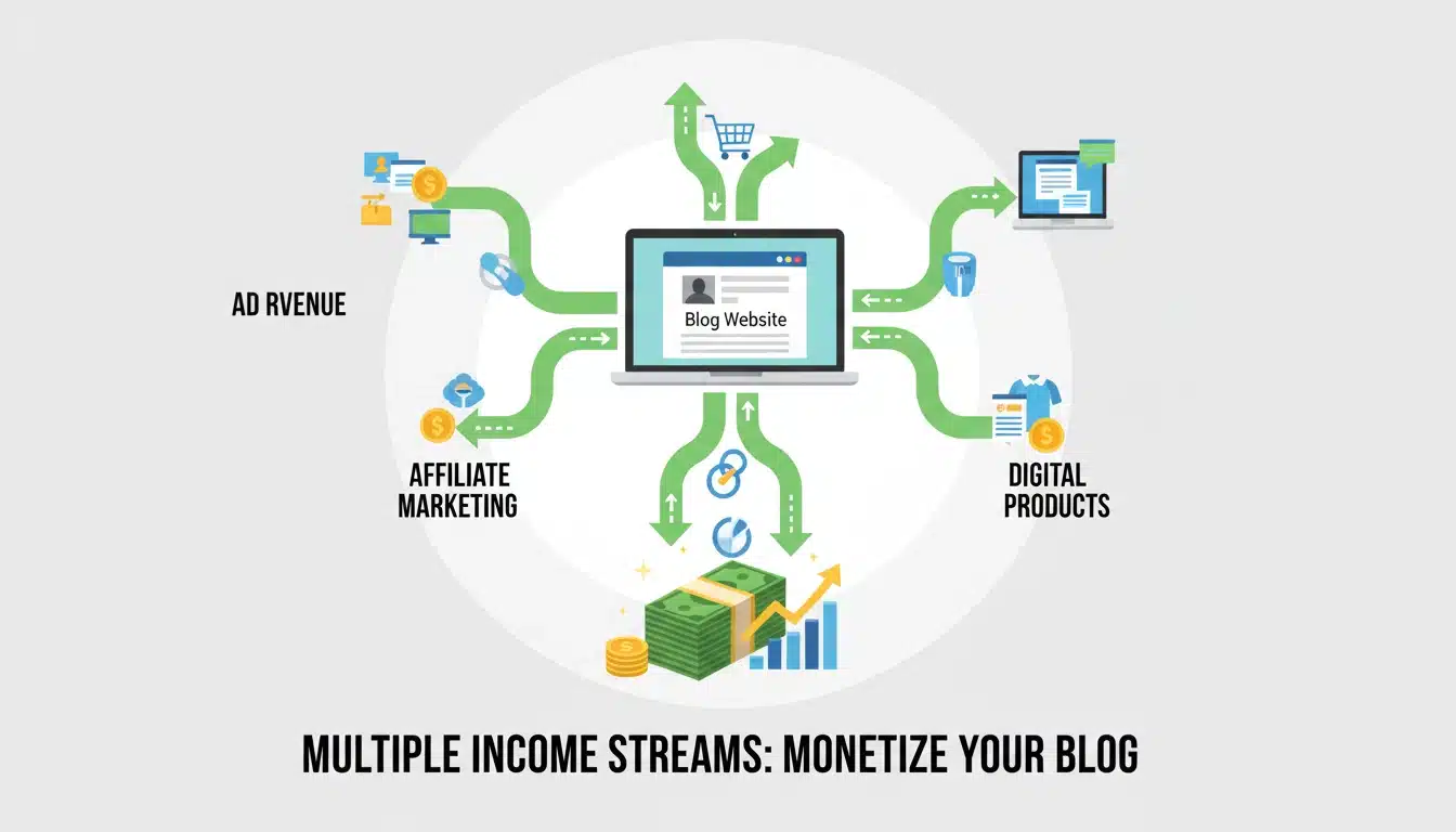 Blogging niche monetization showing AdSense affiliate marketing and multiple income sources