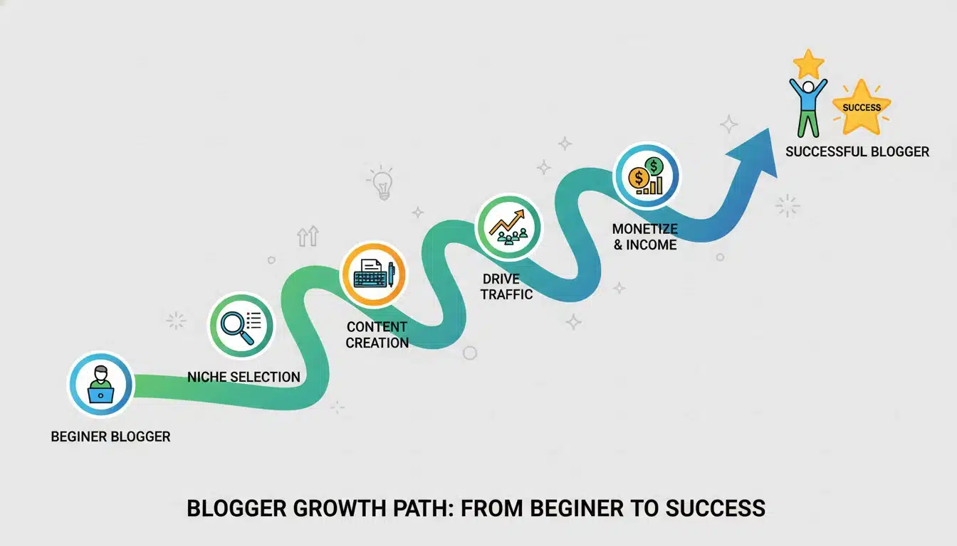 Blogging success journey showing niche selection to traffic growth and income for beginners