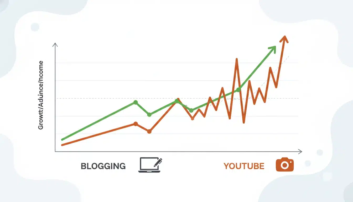 Comparison of blogging and YouTube growth showing steady traffic vs fast video growth analytics graph