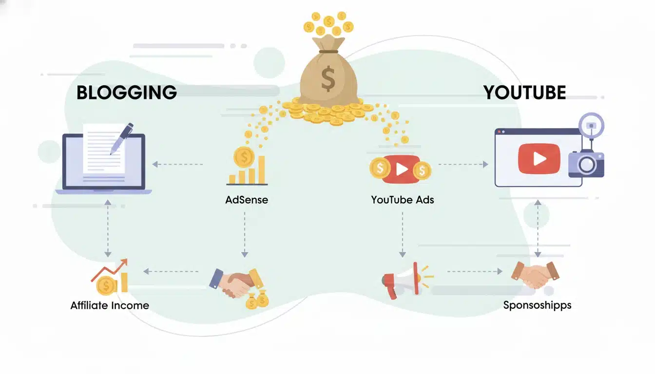 Blogging vs YouTube income comparison showing AdSense affiliate earnings and YouTube ads sponsorship revenue