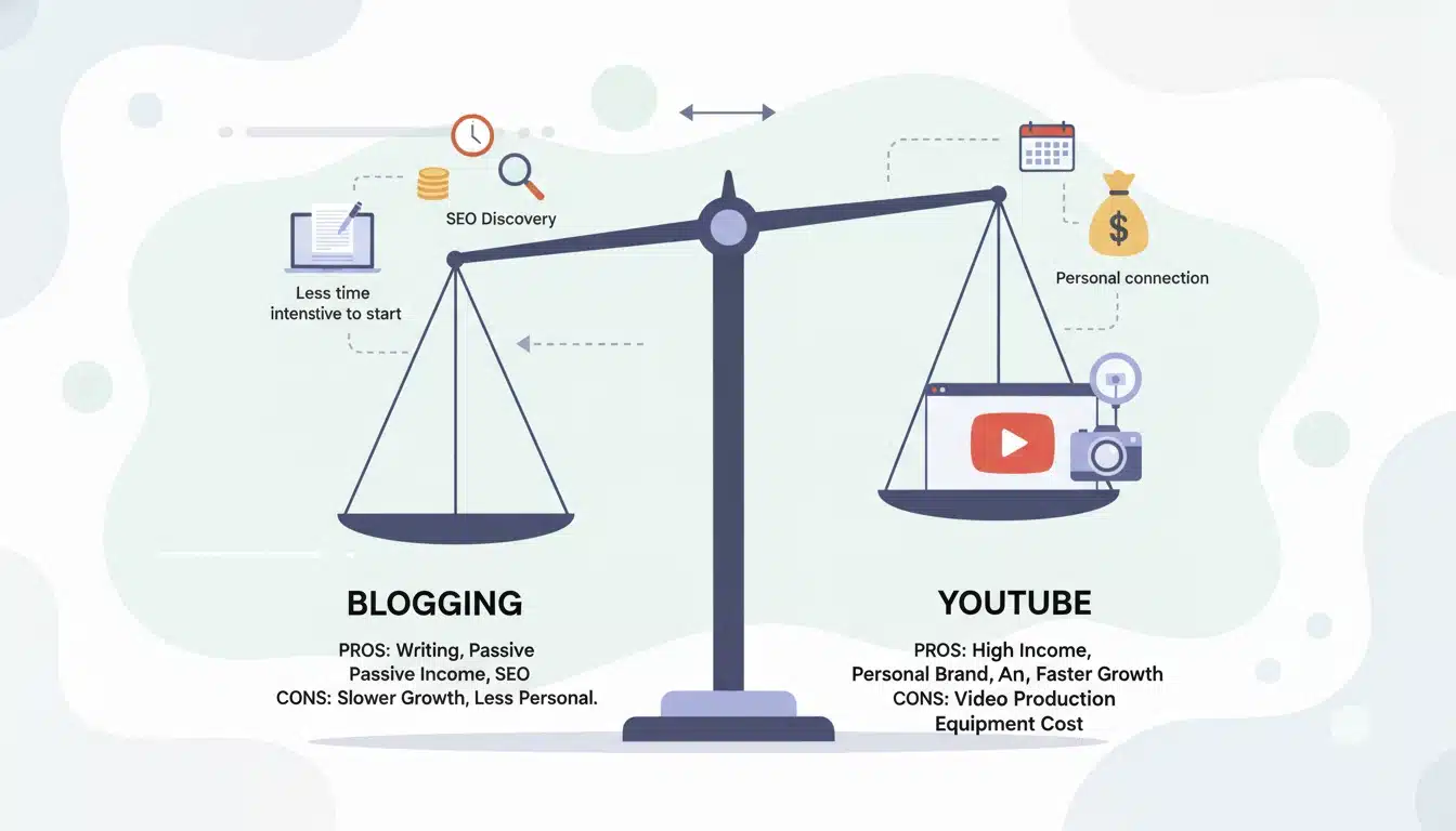 Blogging vs YouTube pros and cons comparison showing advantages and disadvantages for beginners