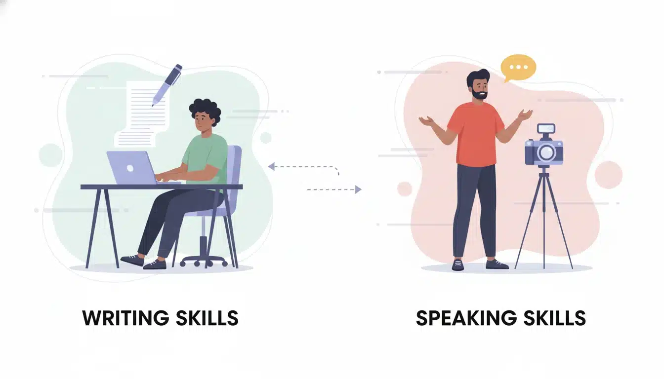 Blogging vs YouTube skills comparison showing writing skills versus video speaking and content creation skills