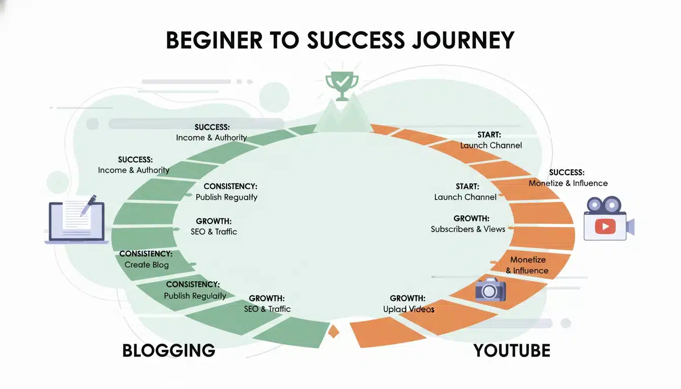 Blogging and YouTube success journey showing beginner to growth and consistent content creation path