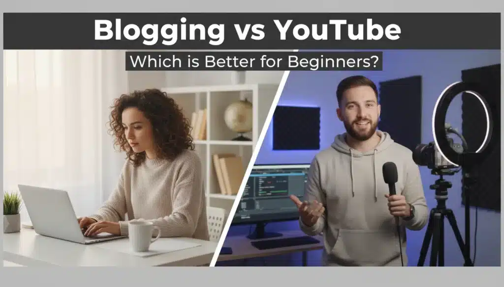 Blogging vs YouTube comparison showing blogger writing on laptop and YouTuber recording video for beginners guide