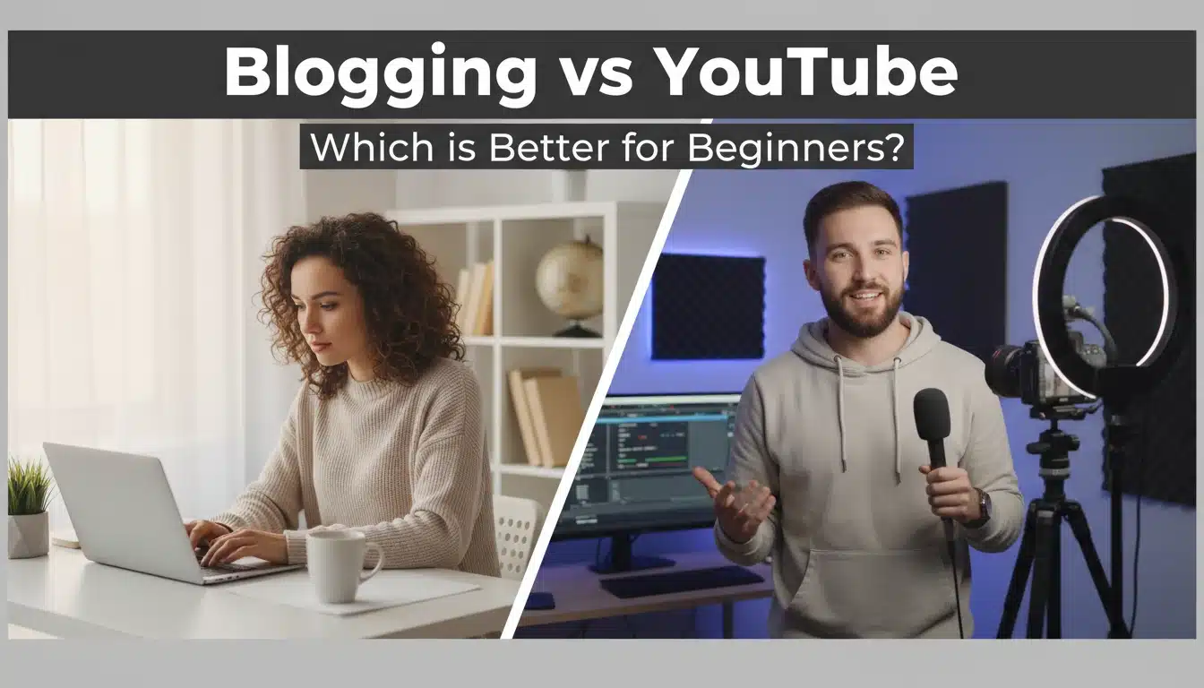 Blogging vs YouTube comparison showing blogger writing on laptop and YouTuber recording video for beginners guide