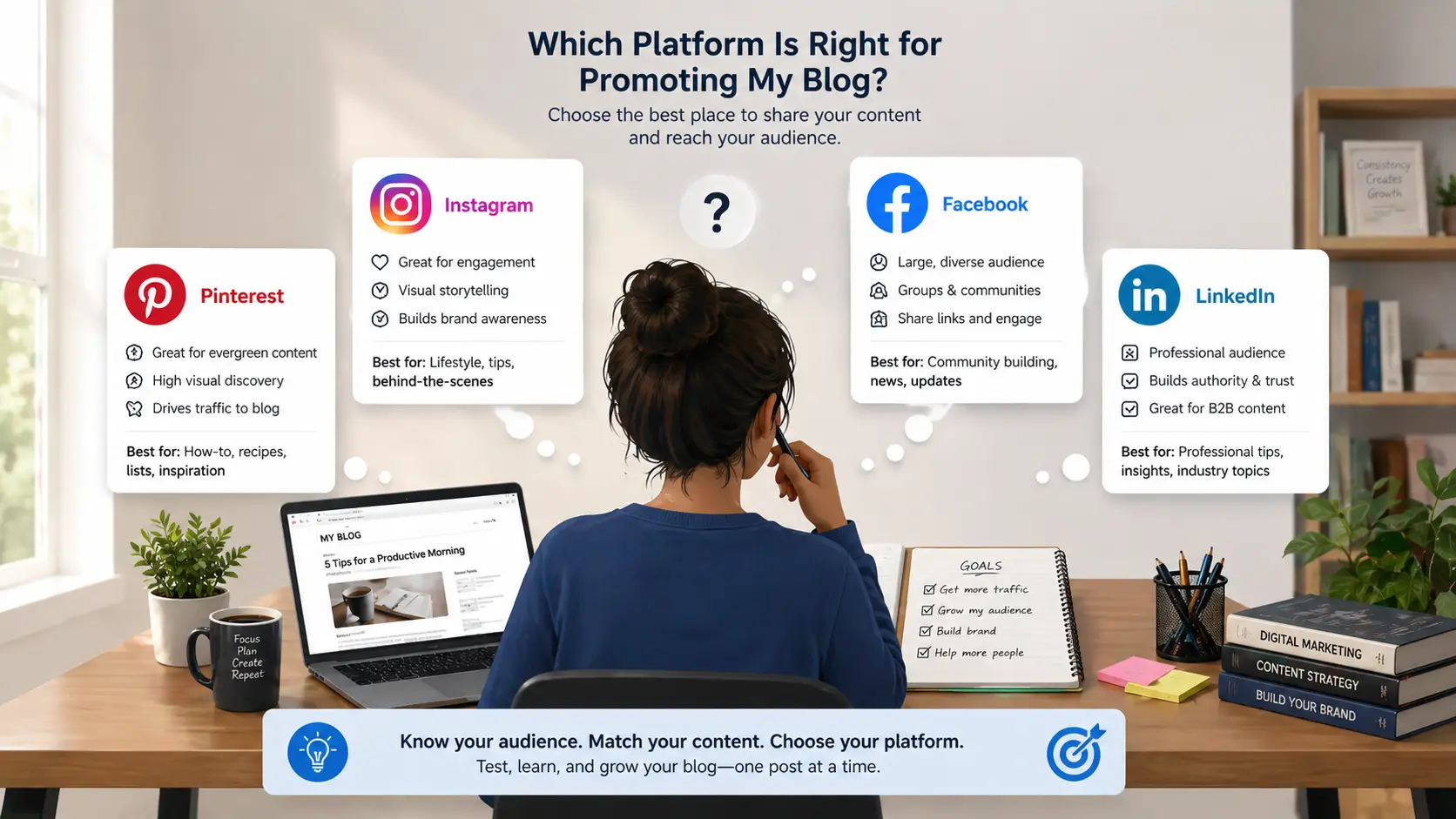 Choosing the best social media platform for blog growth showing beginner selecting the right channel