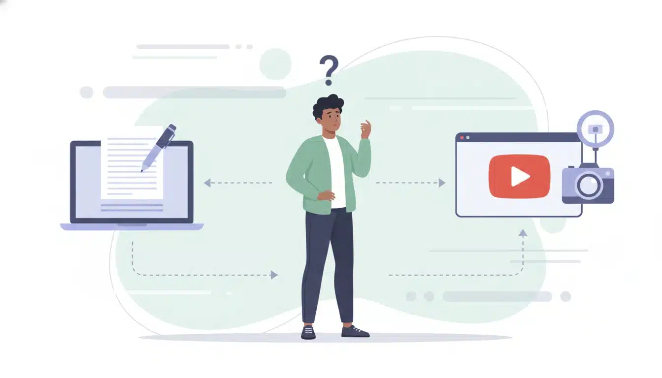 Beginner choosing between blogging or YouTube platform showing decision making concept for content creators