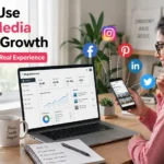 How to use social media for blog growth showing blogger promoting blog with laptop and social media platforms