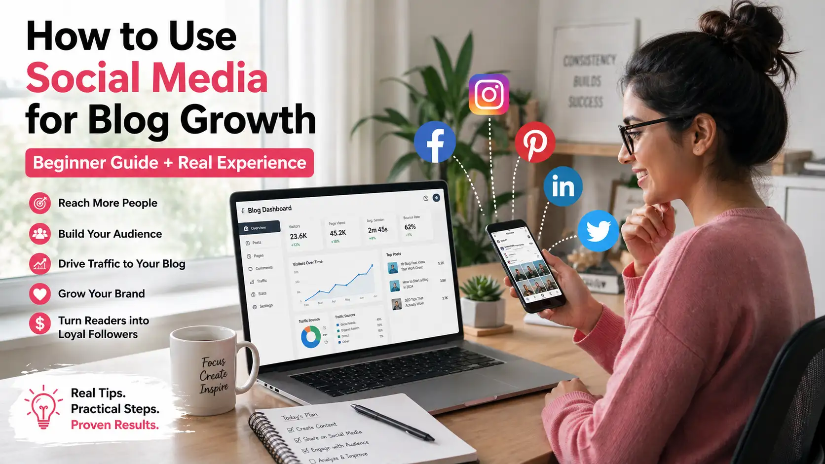 How to use social media for blog growth showing blogger promoting blog with laptop and social media platforms