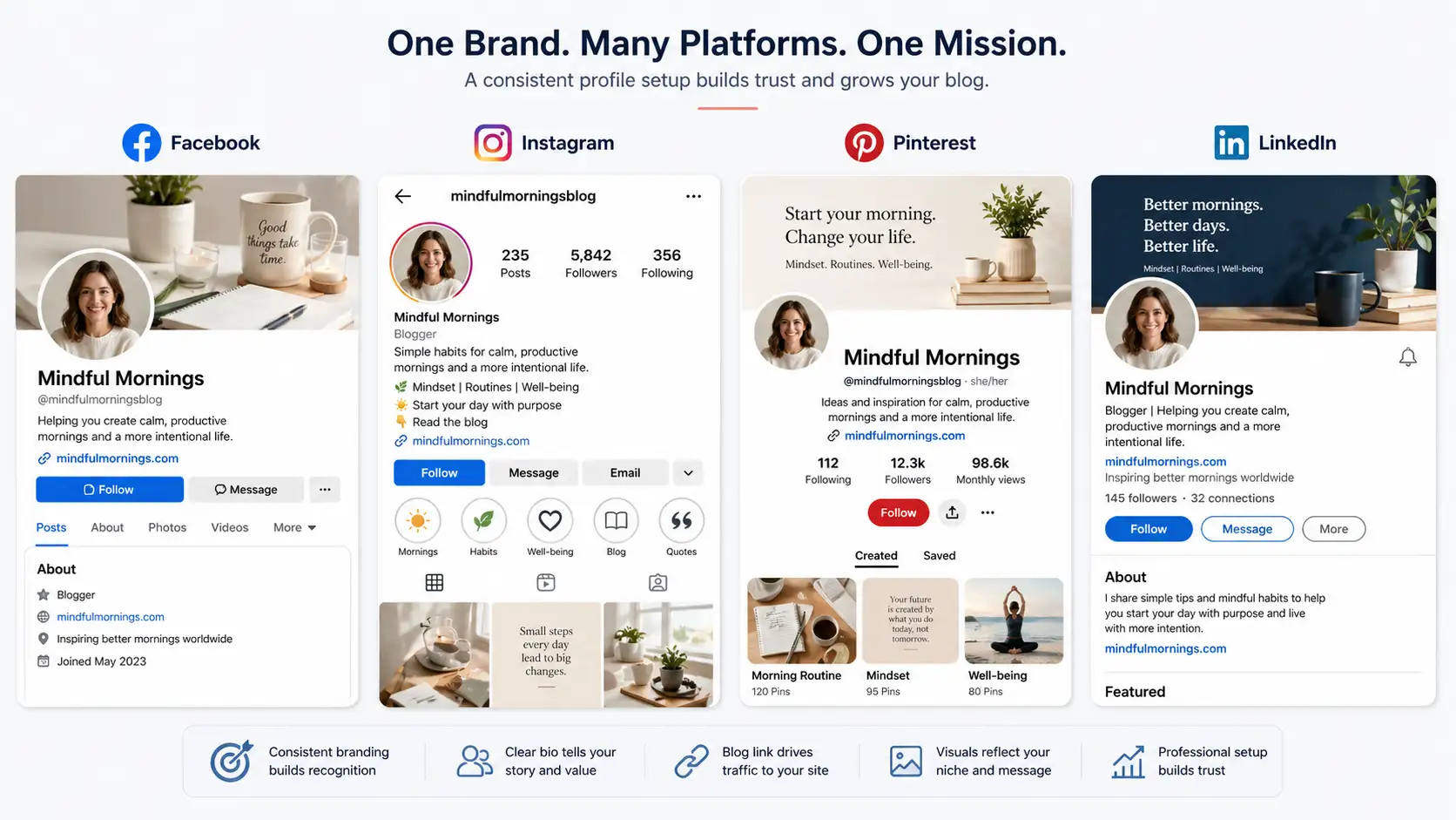 Professional social media profile for bloggers showing bio profile image and blog link setup