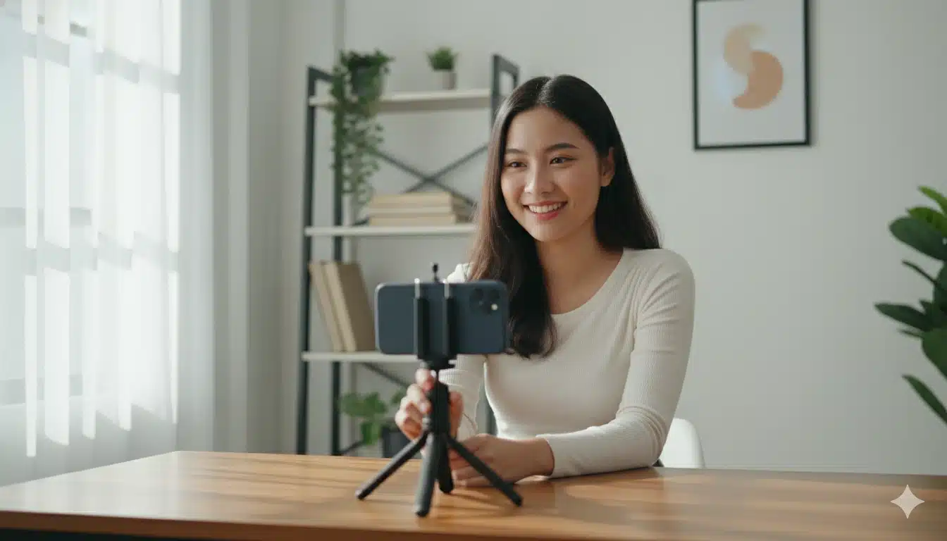 Beginner recording first video for blogging channel using smartphone and simple setup