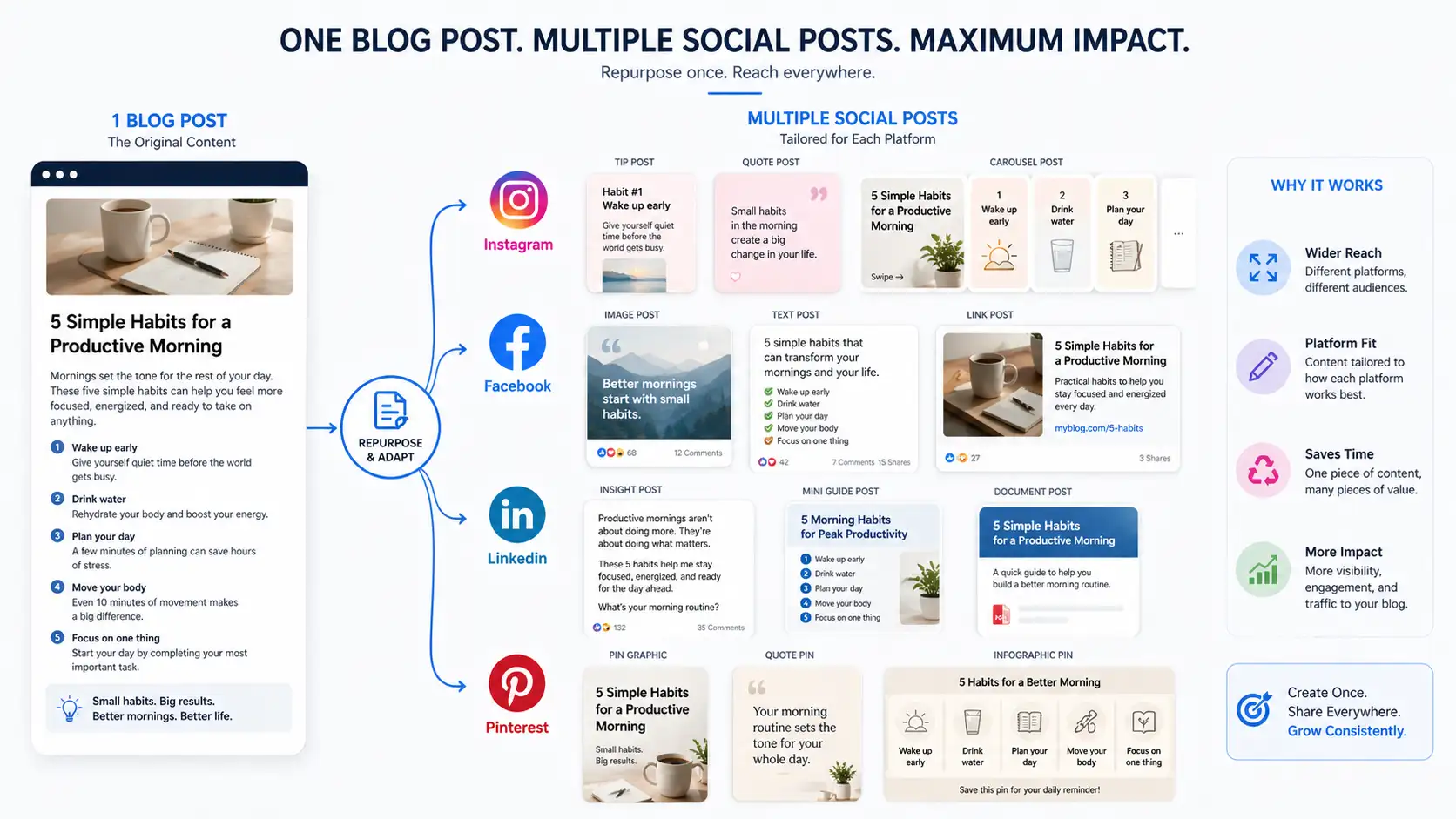 Repurpose blog content for social media showing one article converted into multiple engaging posts
