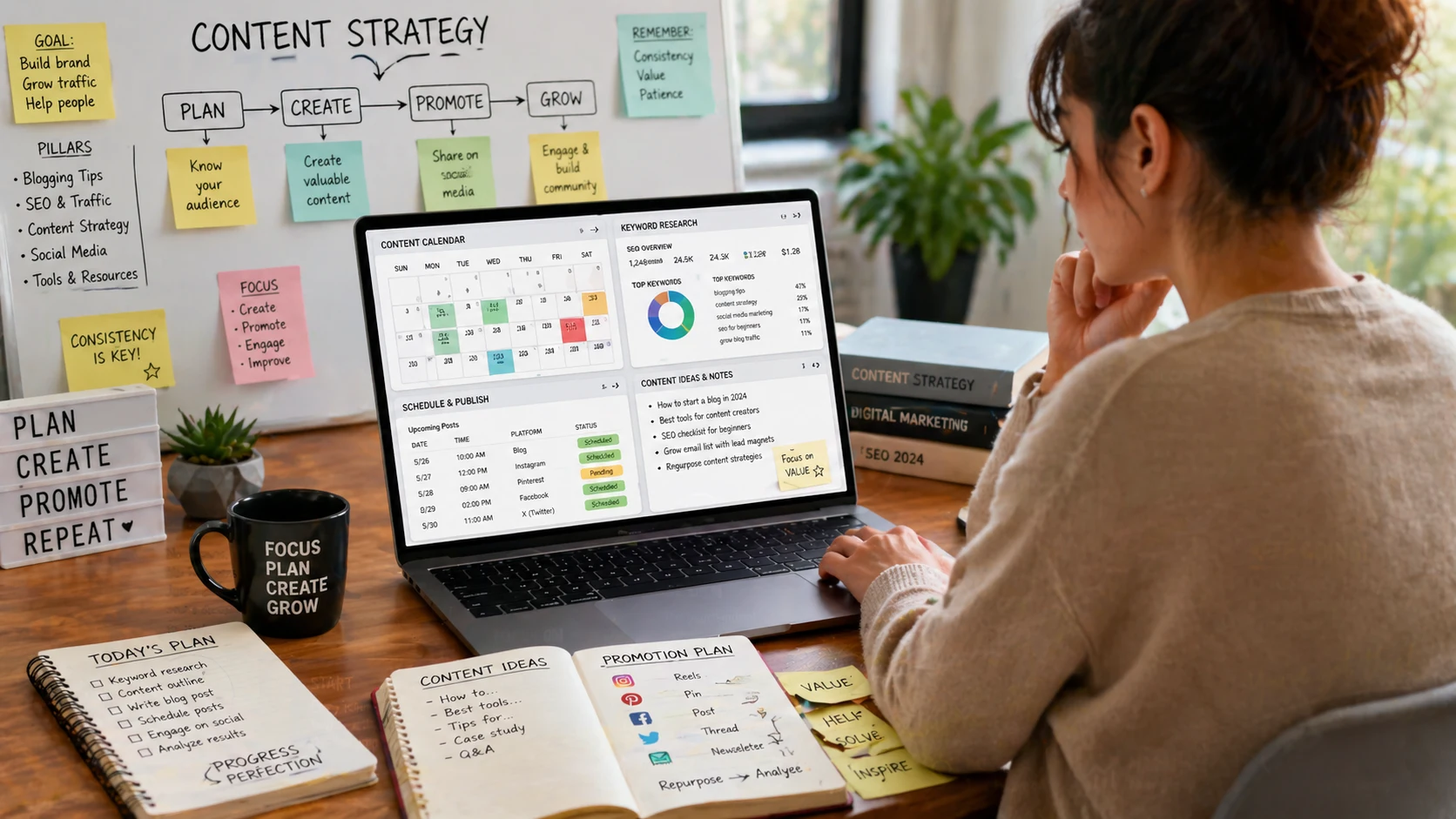Social media content planning tools for bloggers showing laptop with content calendar keyword research and scheduling strategy