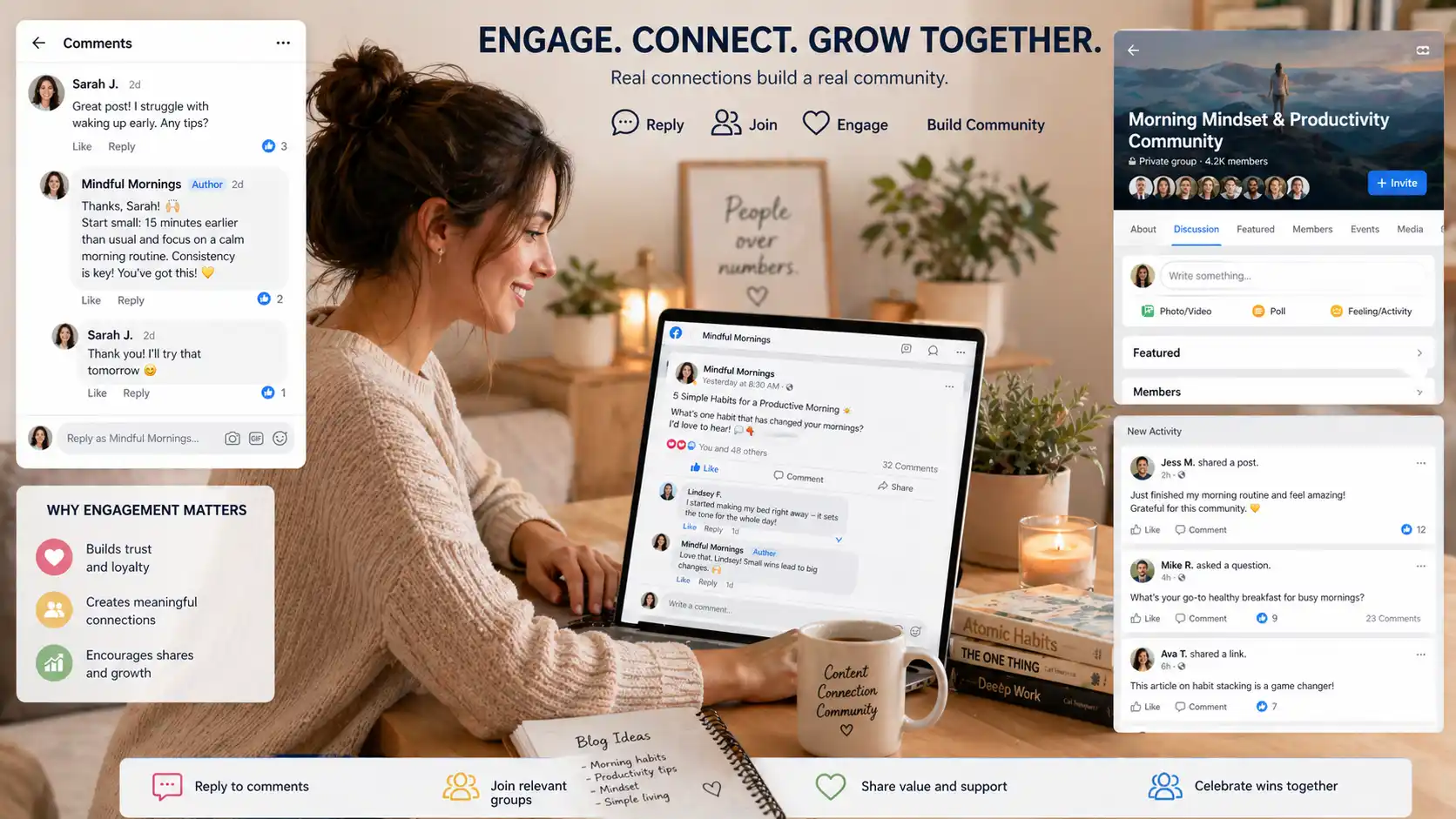 Social media engagement for blog growth showing audience interaction comments and community building