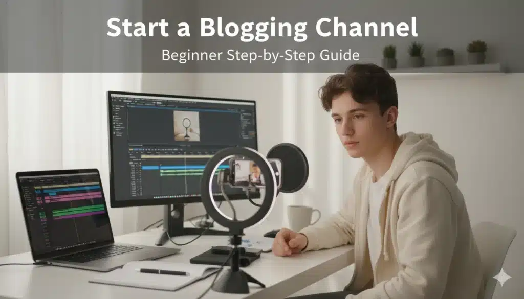 How to start a blogging channel for beginners showing content creator recording video with simple home setup