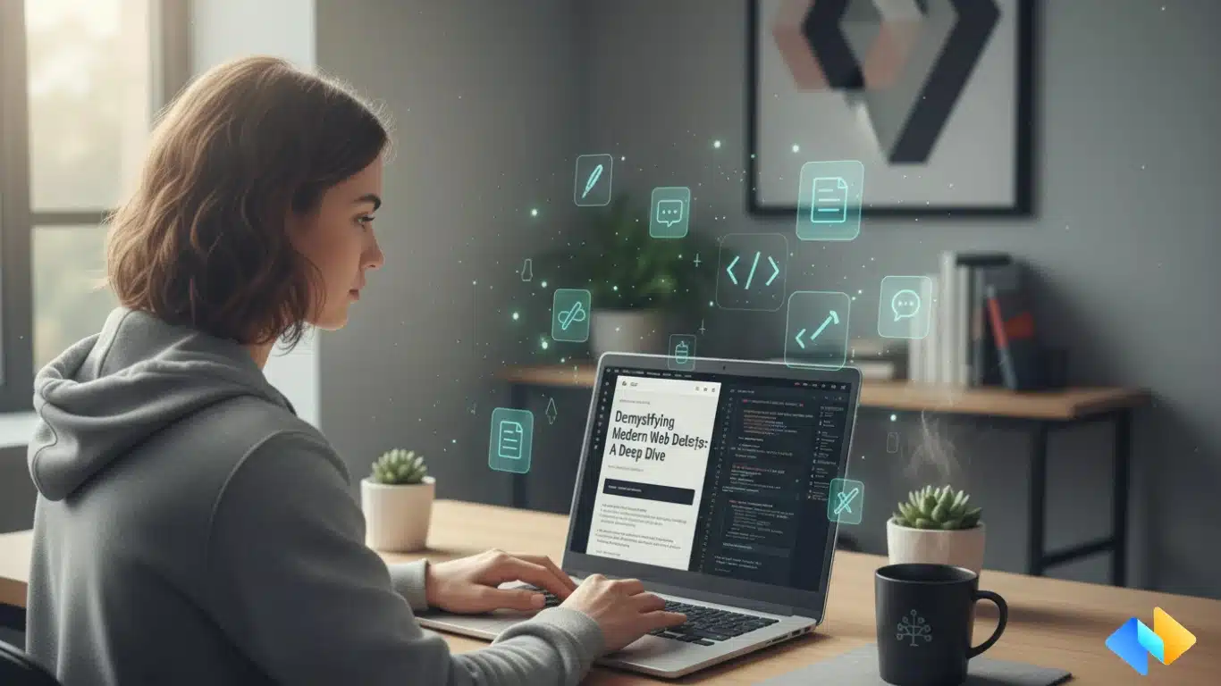 Technical blogging for beginners guide showing developer writing a blog on laptop with code and content creation setup