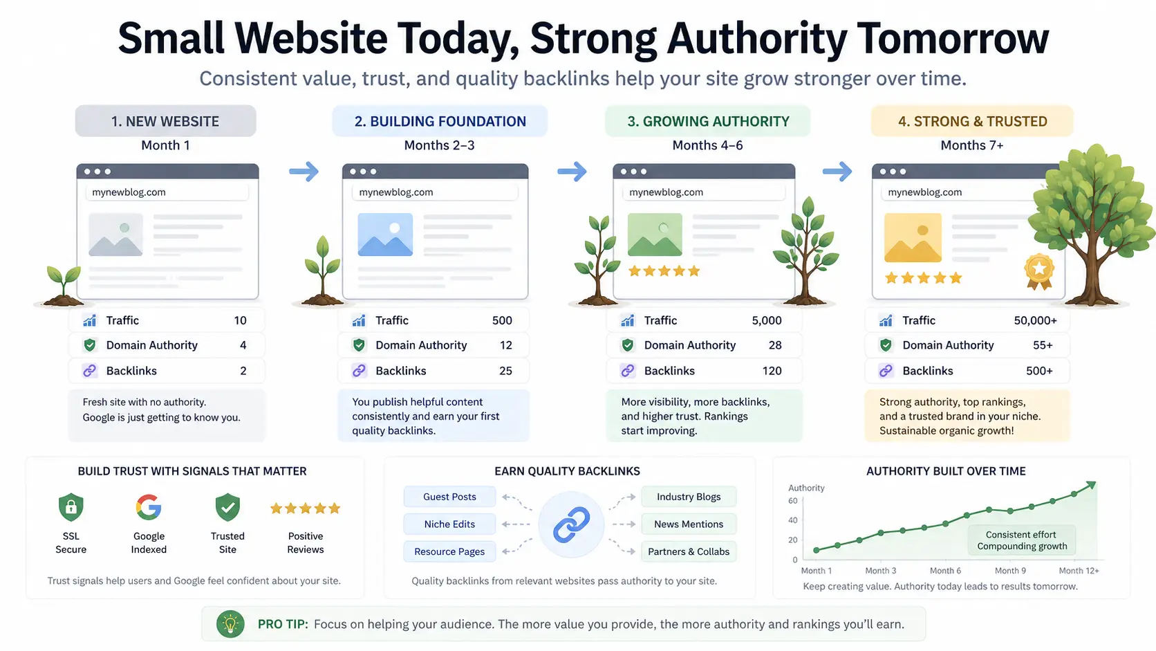 Website authority building for Google ranking showing trust growth backlinks and strong content strategy