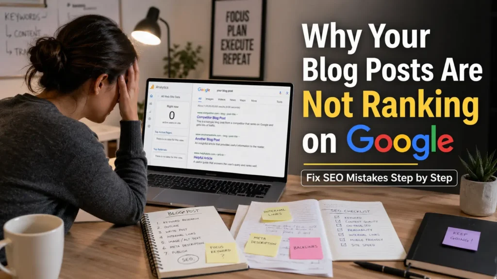 Why blog posts are not ranking on Google showing frustrated blogger checking low traffic and SEO problems, improve google ranking