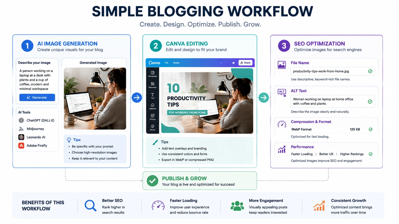 AI blog image workflow process showing image creation editing and SEO optimization steps