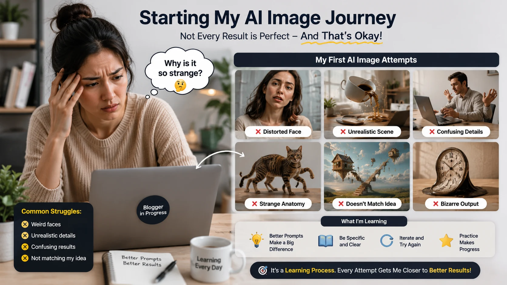 Beginner AI image generation mistakes showing unrealistic results caused by weak prompts