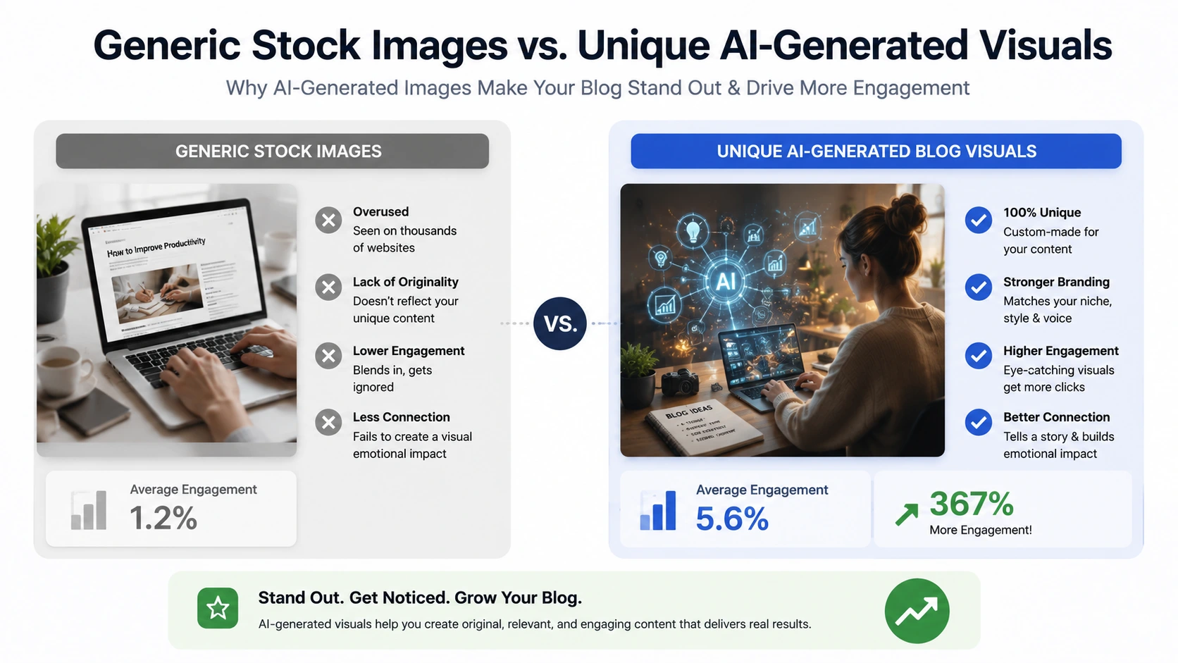 Benefits of AI images for bloggers showing unique visuals improving blog appearance and engagement