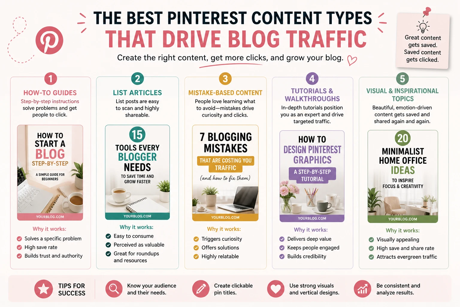 Best content types for Pinterest traffic showing how to guides list posts tutorials and visual blog content ideas