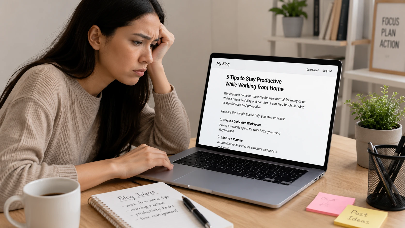 Beginner blogger struggling with blog without images showing why visuals are important for engagement