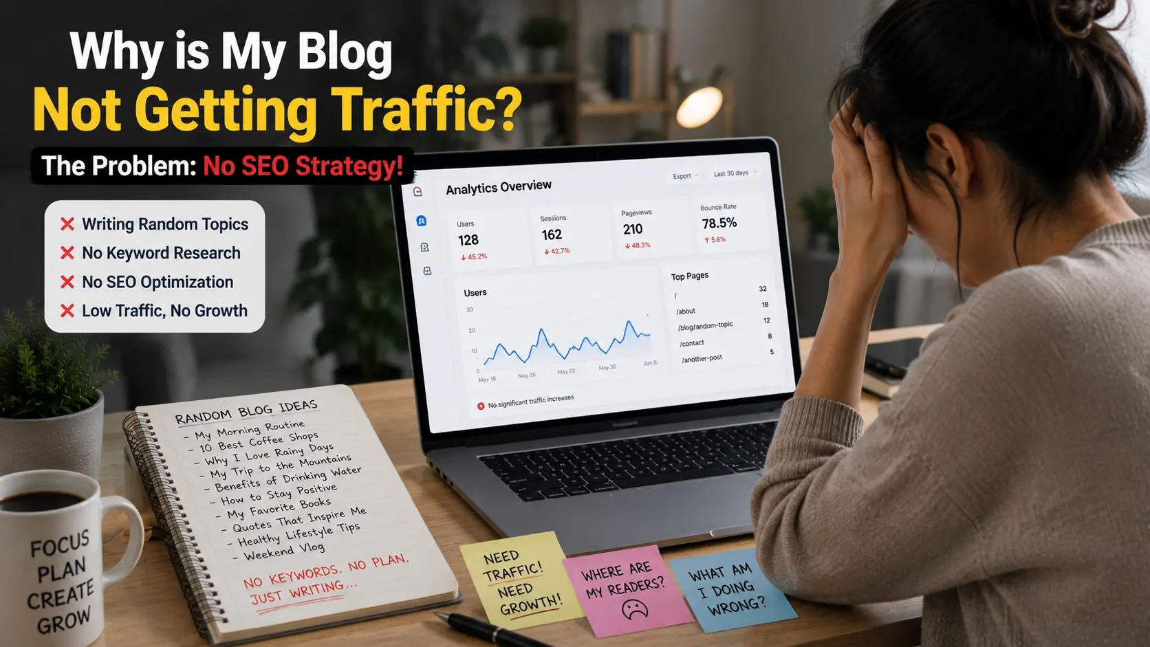 Beginner blogger struggling with low traffic due to lack of keyword research and SEO planning