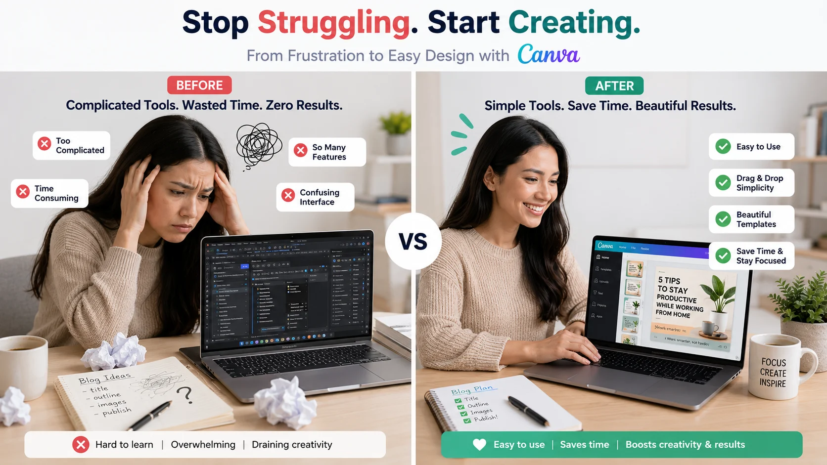 Canva simplifies blog image creation showing beginner switching from complex tools to easy design platform