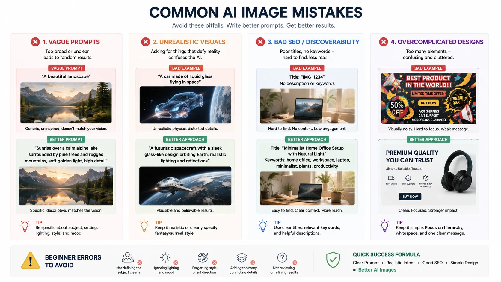 Common AI image generation mistakes showing poor prompts unrealistic visuals and SEO issues
