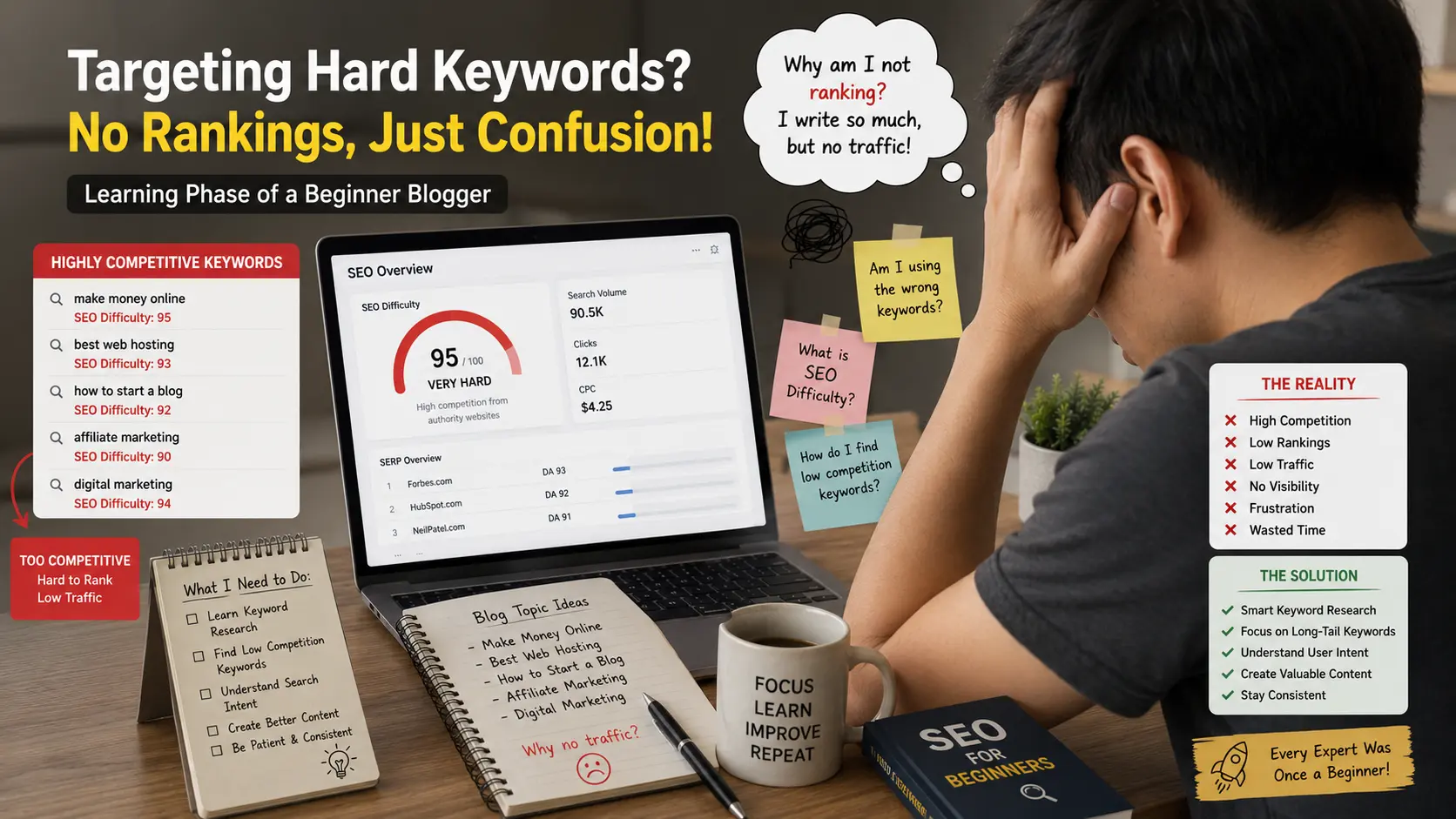 Common keyword research mistakes showing beginner targeting difficult SEO keywords without strategy