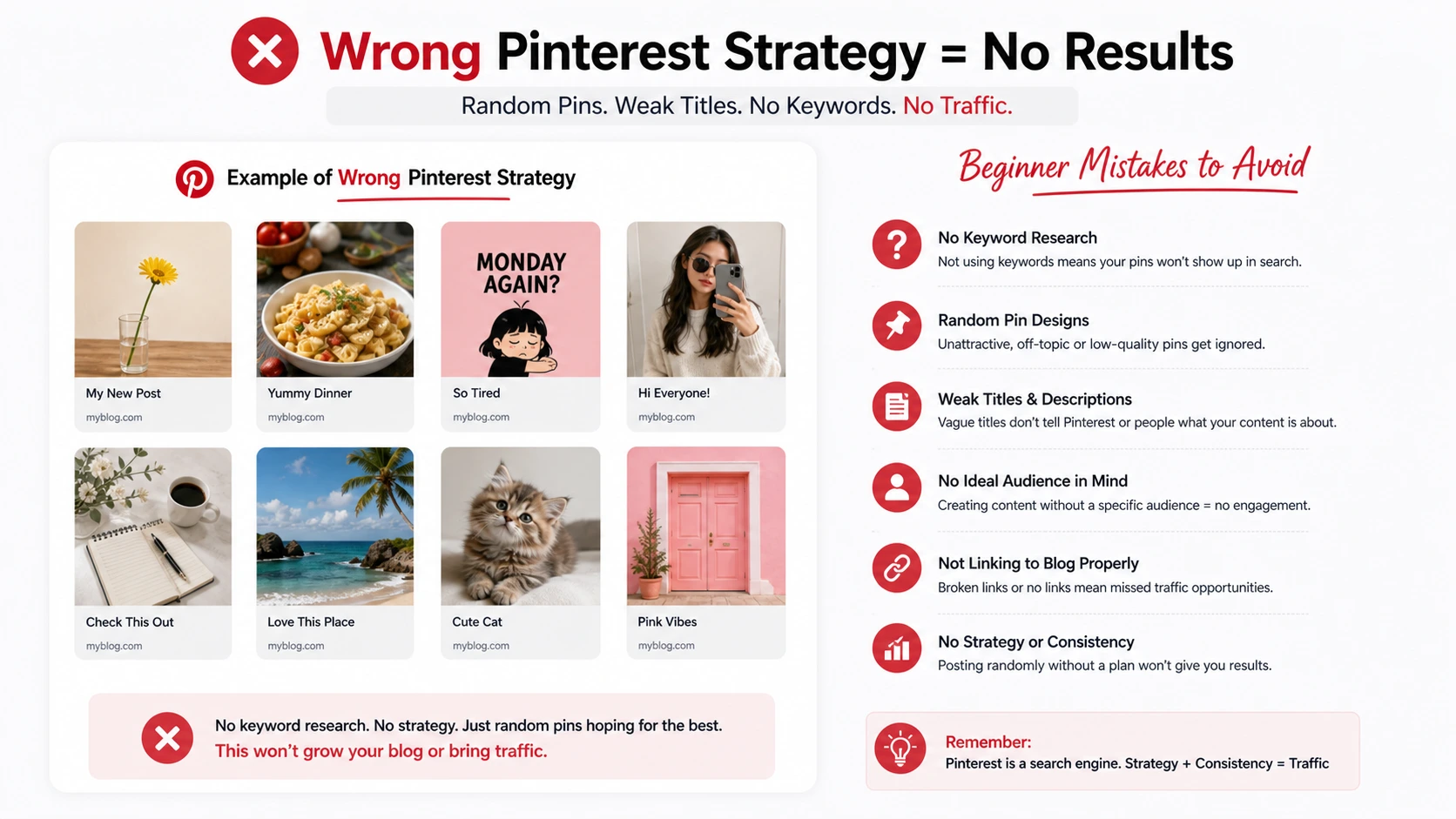 Common Pinterest beginner mistakes for blogging showing weak pin titles random posting and no keyword strategy