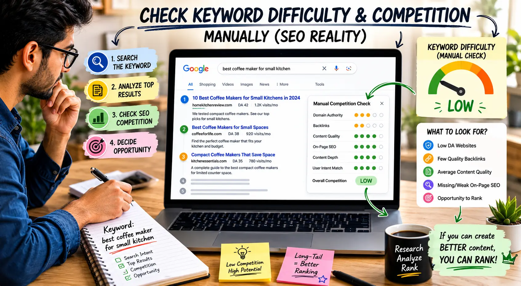 How to check keyword difficulty for free showing manual SEO competition analysis process