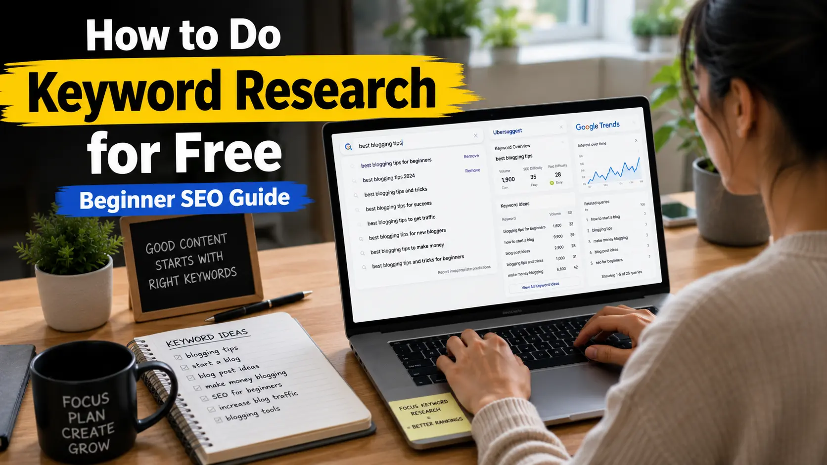 How to do keyword research for free showing beginner blogger finding SEO keywords using free tools
