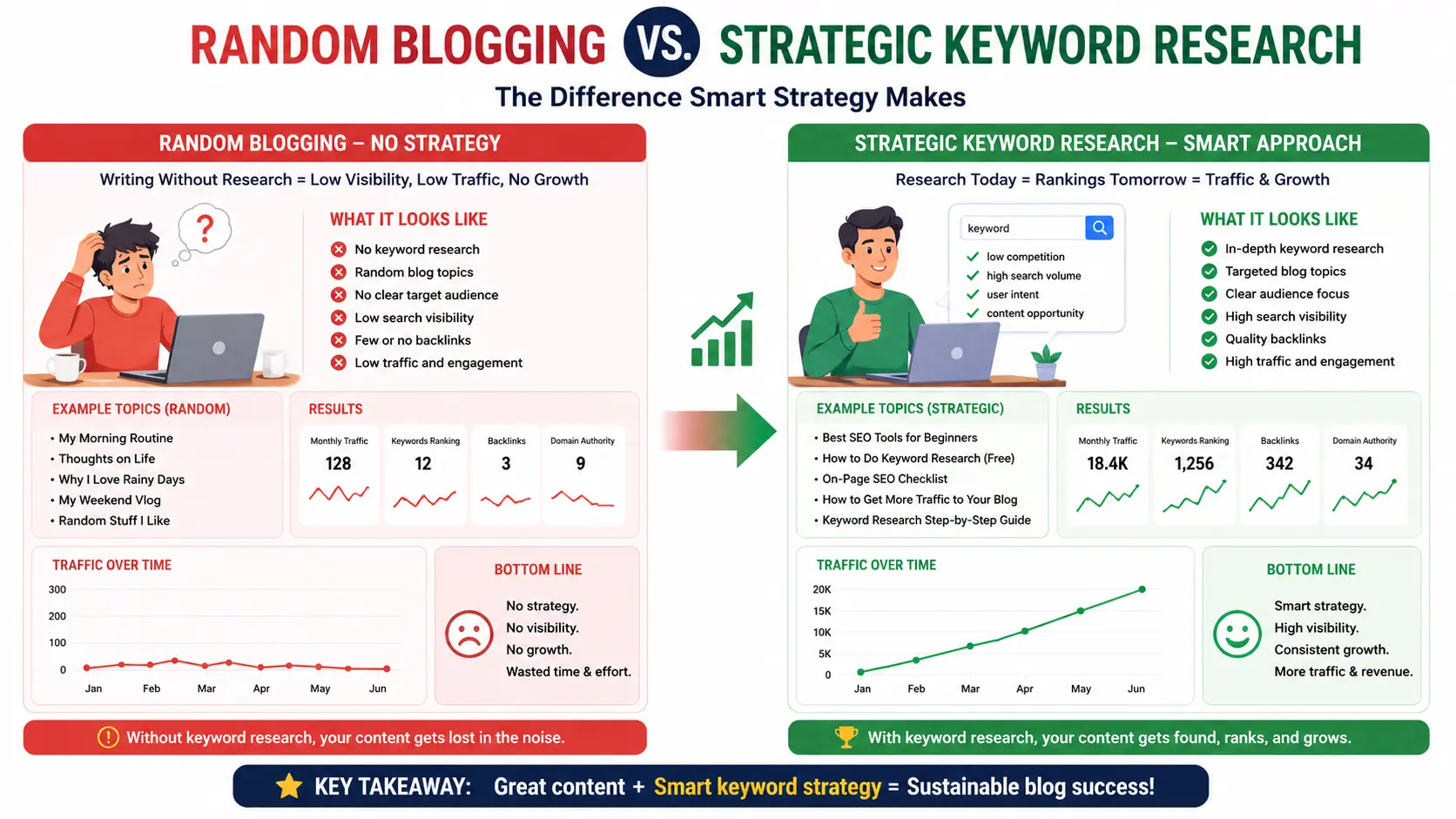 Importance of keyword research for blogging showing traffic growth through better SEO strategy