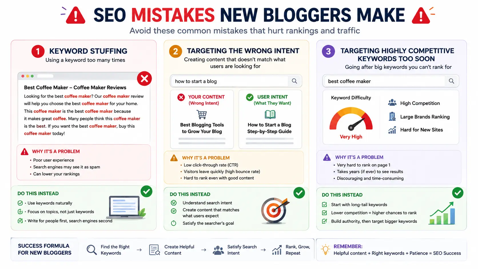 Keyword research SEO mistakes showing beginner blogging errors and poor keyword targeting strategy