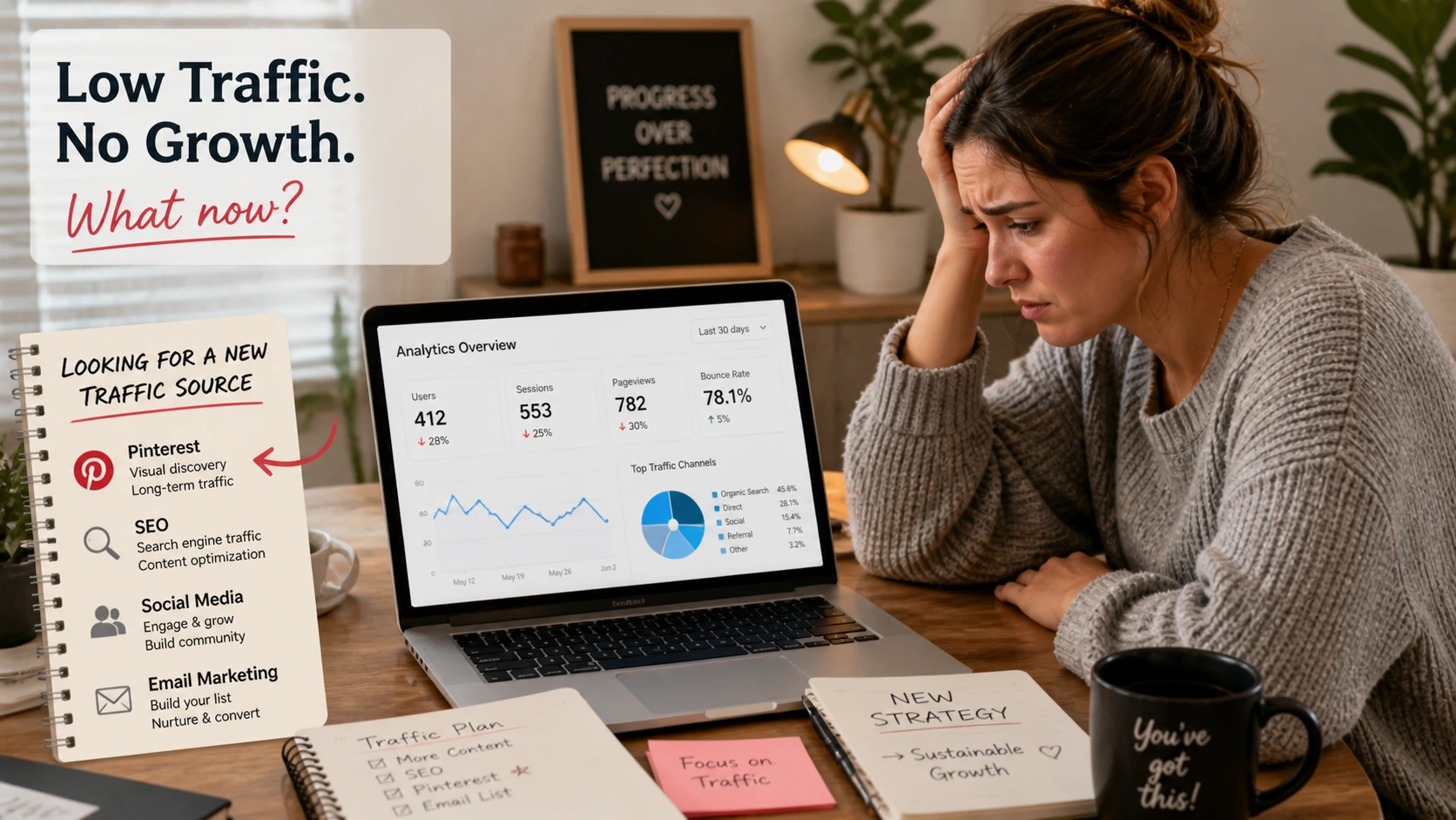 Low blog traffic problem showing blogger using Pinterest as a new traffic source for blog growth
