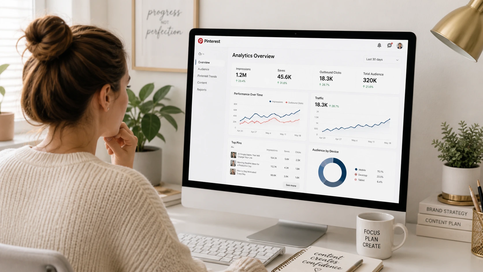 Pinterest analytics for blog traffic showing impressions saves clicks and content performance tracking