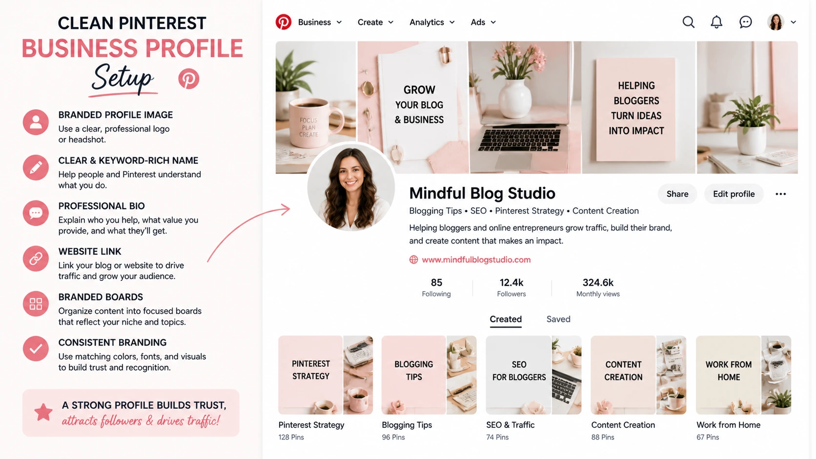 Pinterest business account for bloggers showing professional profile setup with website link and branded boards