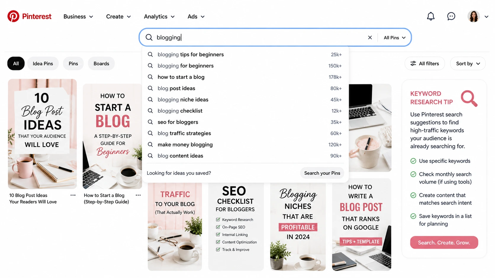 Pinterest keyword research for blog traffic showing search suggestions and content discovery strategy