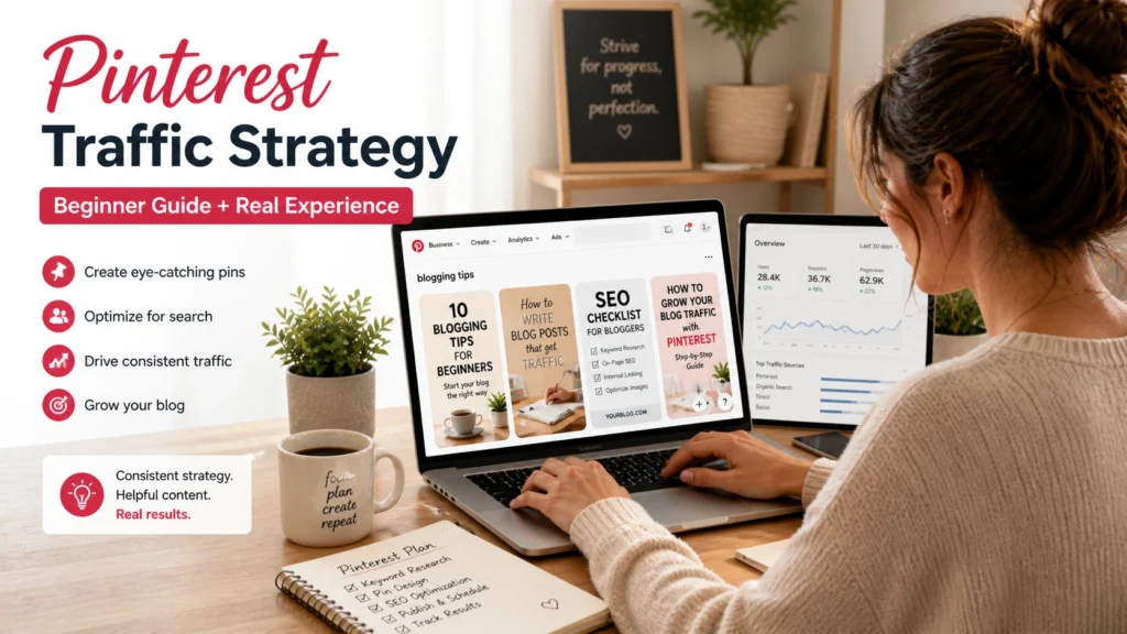 Pinterest Traffic Strategy for blogging showing blogger using Pinterest to grow website traffic and blog visitors