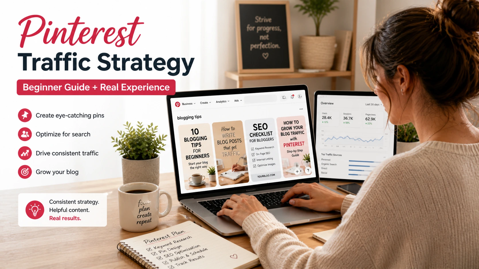 Pinterest Traffic Strategy for blogging showing blogger using Pinterest to grow website traffic and blog visitors