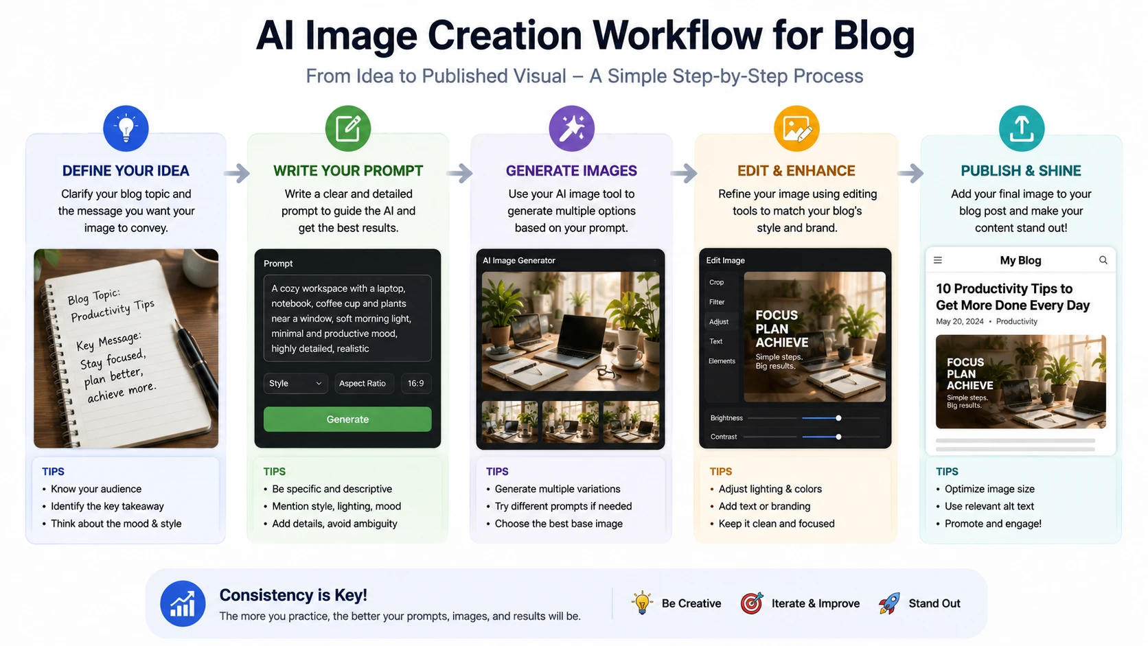 Step by step AI image creation guide for bloggers showing prompt writing and image generation process