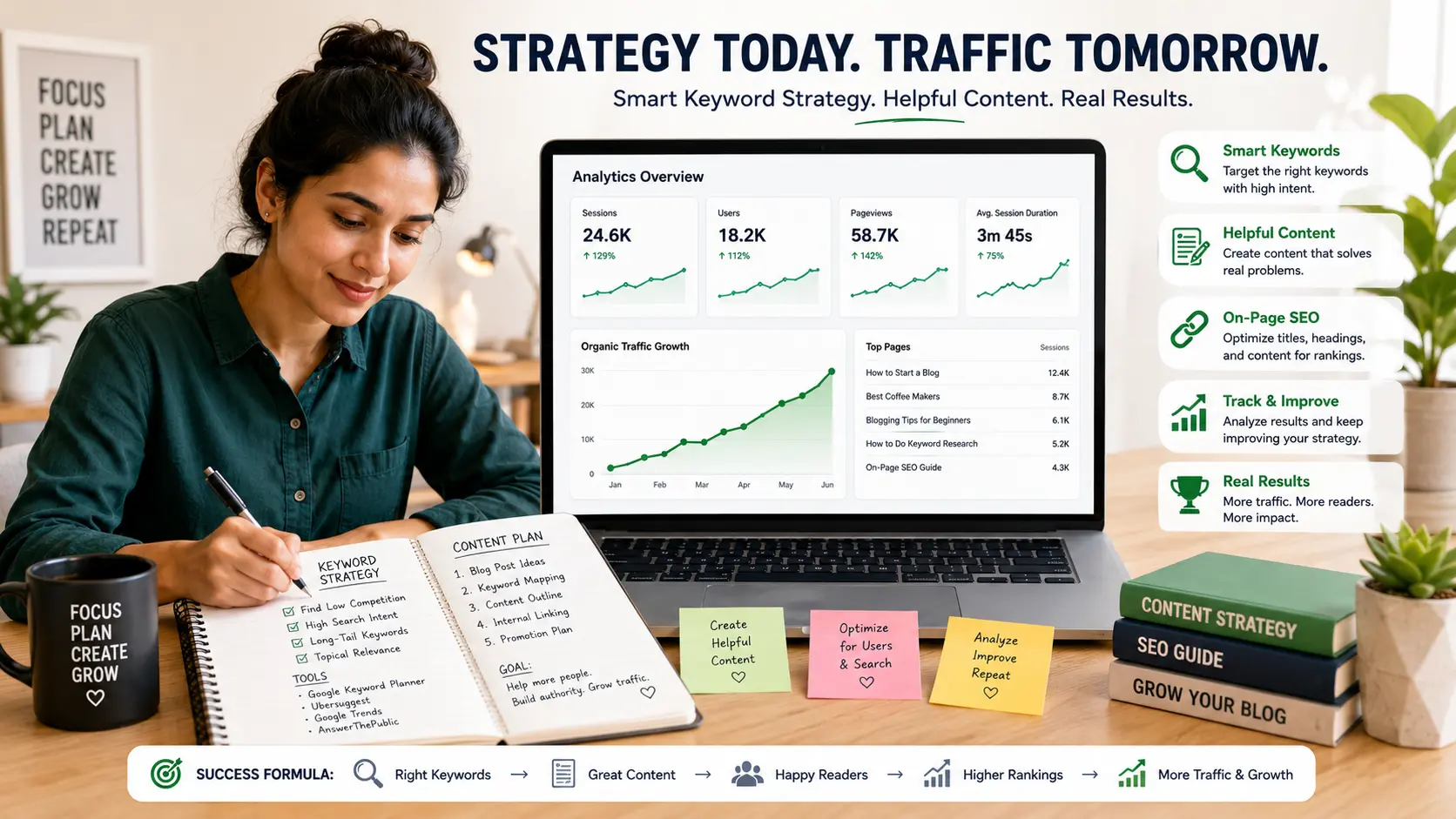 Successful blog keyword research strategy showing SEO planning and website traffic growth for bloggers