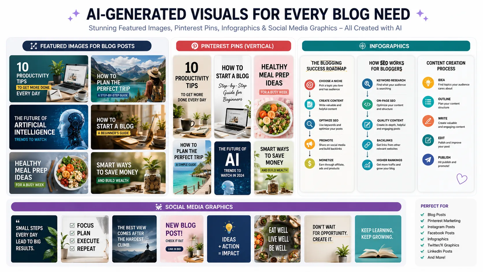 Types of AI images for blogging showing featured images Pinterest pins and infographic designs