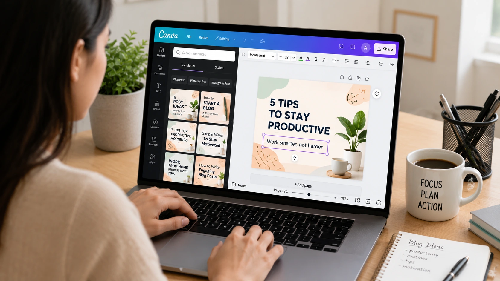 What is Canva design tool showing beginner creating blog images using simple templates and drag drop editor